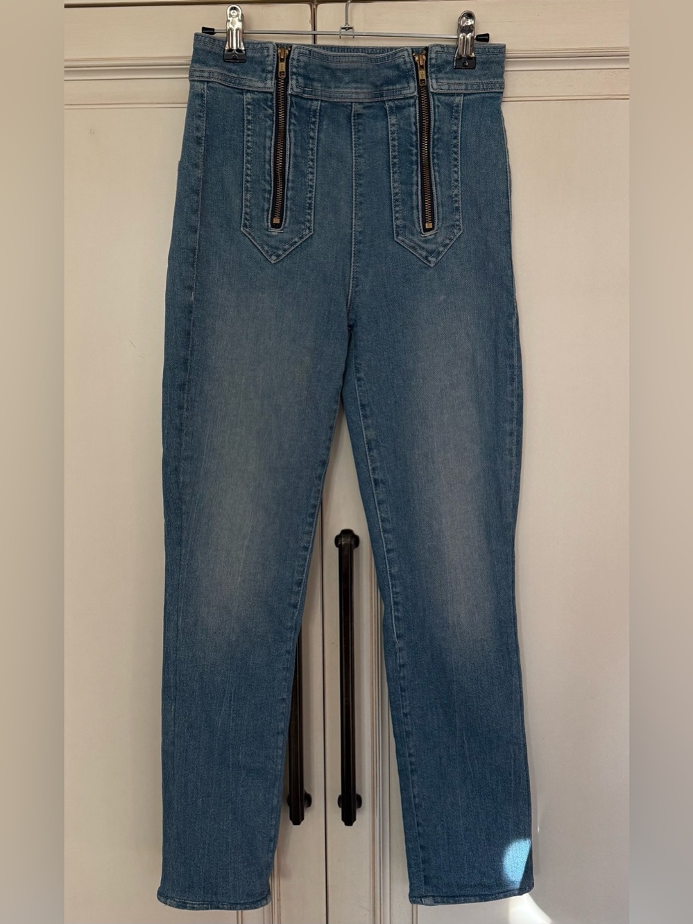 Mother Denim High-Rise Blue Denim Jeans with Front Zip Detail